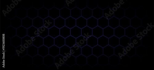 Simple black futuristic vector hexagons with deep purple color of light.