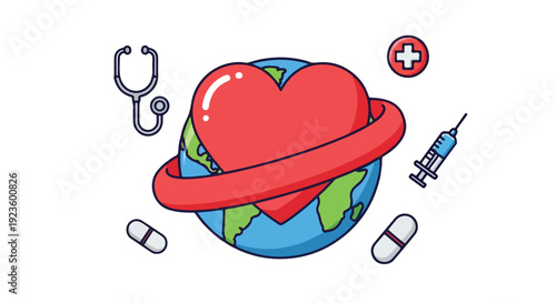 Flat illustration of a red heart encircling the Earth with medical symbols like a stethoscope, syringe, and pills on a white background.