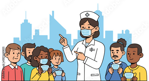 Cartoon illustration of a nurse wearing a mask and pointing while standing with a diverse group of people also wearing masks in front of a city skyline with a clean and educational mood.