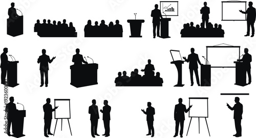 Silhouettes of business people speaking at podium, giving presentations, addressing audience, corporate training, conference, public speech, leadership concept