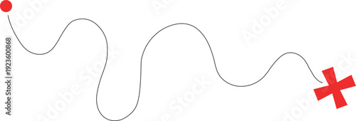 Continuous Map Line, Winding Path from Start to Finish, Red Point to Cross Destination, Simple Navigation Route, Minimalist Journey Concept.