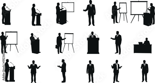 Silhouettes of business people giving presentations, speaking at podiums, office meetings, corporate communication, public speaking, training, leadership scene