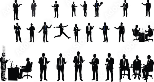 Silhouettes of business professionals in various office poses, communication, teamwork, presentation, working at desks, corporate interaction scene