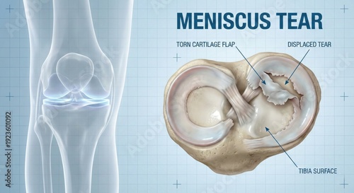 Detailed Meniscus Tear Illustration, Knee Joint Anatomy, Medical Diagnosis.