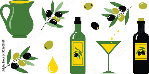 Olive and Olive Oil Vector Collection Featuring Green and Black Olives, Branches, Bottles, Pitcher, Droplet, and Martini Glass for Culinary and Mediterranean Design Projects