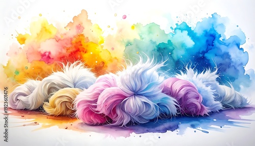Watercolor style image of colorful wool strands with bright splattered paint-like background on a plain, white surface