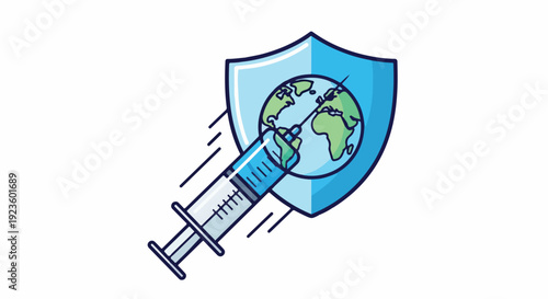 Flat illustration of a syringe injecting a shield with a globe inside on a white background with blue and green colors.