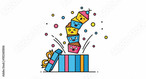 Colorful illustration of a gift box with presents exploding out, surrounded by confetti against a clean white background.