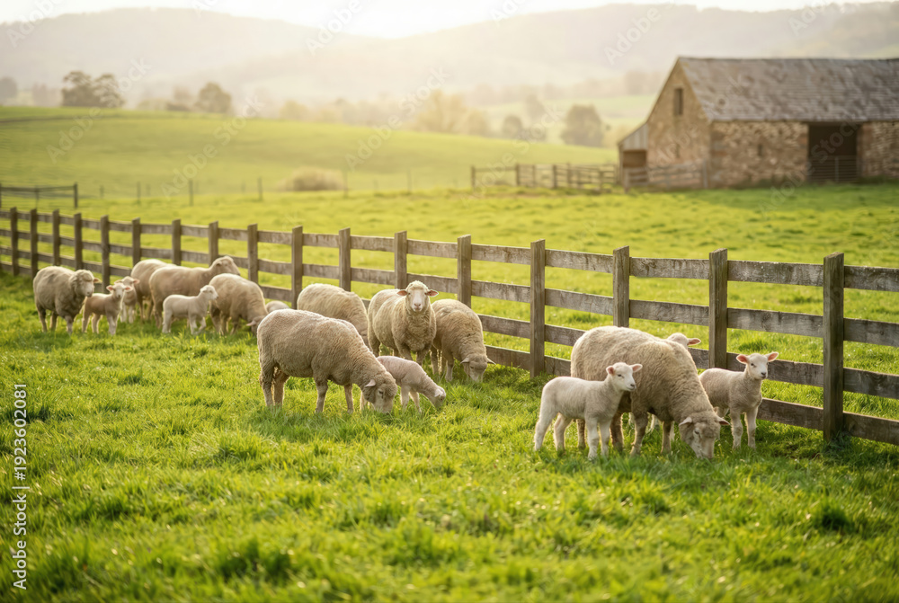 Fototapeta premium A flock of white sheep and their lambs grazing in a lush green pasture beside a long wooden fence at sunset.