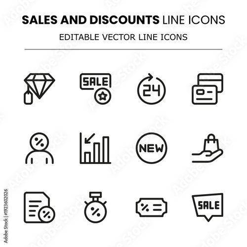 Sales and Discounts Modern Line Icon Collection. Great for marketing strategies, discount events, and customer promotions.