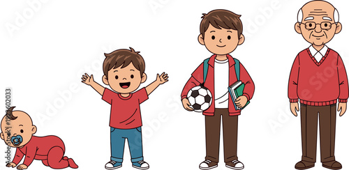 Life stages of a male character set from baby to toddler and school boy to elderly grandfather flat vector illustration isolated