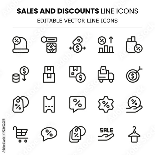 Sales and Discounts Professional Line Icon Collection. Perfect for clearance sales, discount events, and online deals.