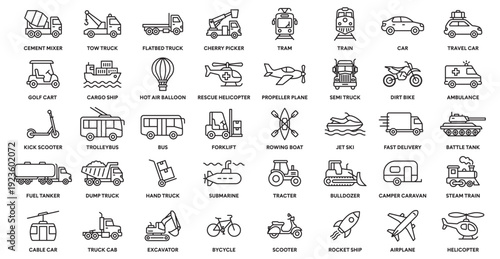 Transport vehicles icon set in line style
