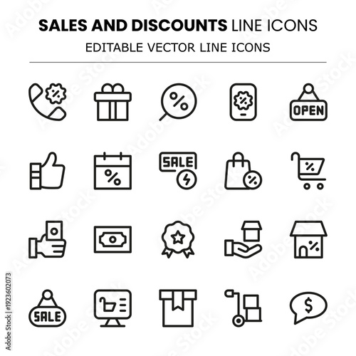Sales and Discounts Modern Line Icon Pack. Suitable for marketing campaigns, deals, and customer promotions.