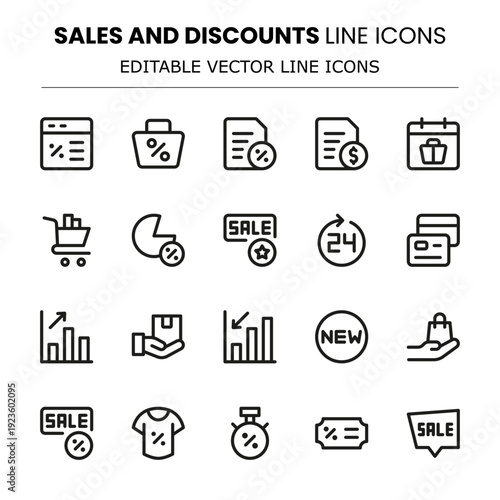 Sales and Discounts Modern Line Icon Collection. Designed for retail sales, coupon campaigns, and promotional offers.