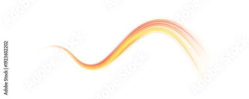 Red and yellow neon spirals curve elegantly in a PNG background. Motion blur and tiny particles convey dynamic speed. Ideal overlay for futuristic visuals.