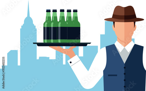 Professional waiter in vest and hat serving cold beer bottles on a tray with city skyline silhouette flat vector illustration