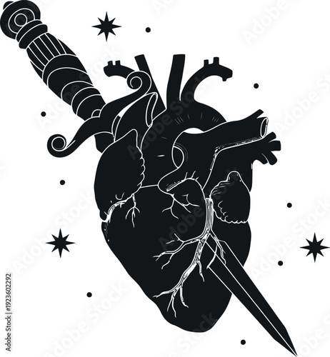 Black silhouette of a vintage dagger piercing a human heart with stars for gothic art, tattoo design, and emotional concept.