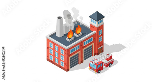 Fire Station with Fire Truck and Burning Building.