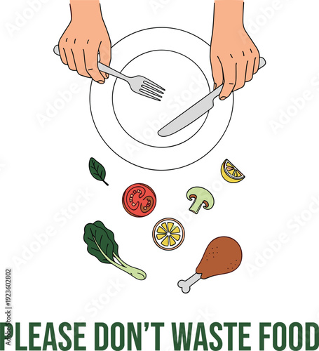 Stop Food Waste Concept Illustration with Hands, Plate, and Leftover Ingredients Promoting Sustainability, Zero Waste, and Responsible Eating Awareness