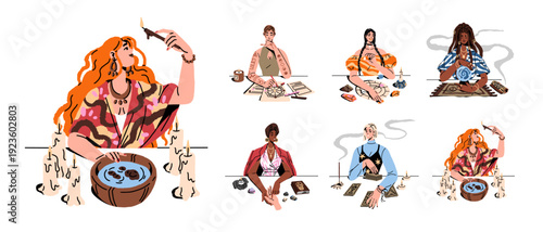 Set of fortune tellers. Women fortunetellers are reading palms. Girls with tarot cards, crystal ball and candles are telling future, divinations of destiny. Flat isolated vector illustrations on white