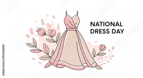 National dress day illustration with pink dress and flowers for fashion and celebration concepts