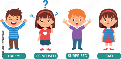 Set of diverse cute children expressing different emotions happy confused surprised and sad flat vector illustration isolated