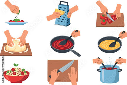 Set of hands performing various cooking techniques including chopping tomatoes kneading dough grating cheese and stirring soup flat vector illustration