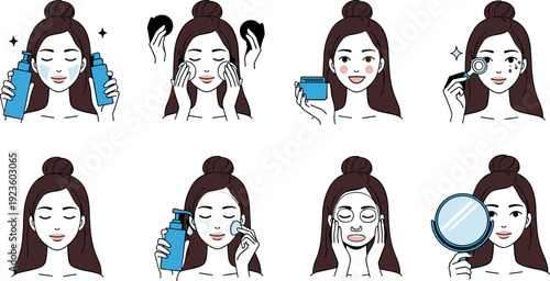 Set of woman performing skin care routine steps including cleansing moisturizing applying face mask and using mirror flat vector illustration isolated