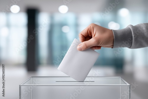 A person placing a ballot paper into a transparent ballot box at a polling station, concept of democracy and civic duty, clean interior, neutral colors