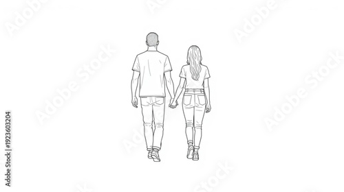 A sketch depicts a couple holding hands viewed from the back as they walk away