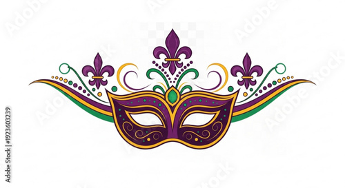 Vibrant purple mardi gras mask with fleur de lis and swirling decorations on white background