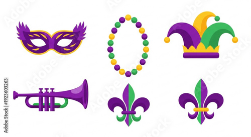 Mardi gras festive icons set including mask beads jester hat trumpet and fleur de lis on white background