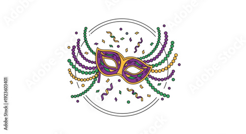 Vibrant mardi gras mask with purple green and gold beads and confetti on white background festive carnival celebration decoration
