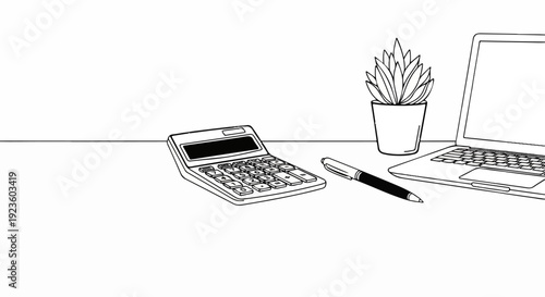 Desk setup with calculator, pen, potted plant, and laptop