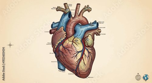 Detailed anatomical illustration of a human heart with visible arteries and veins