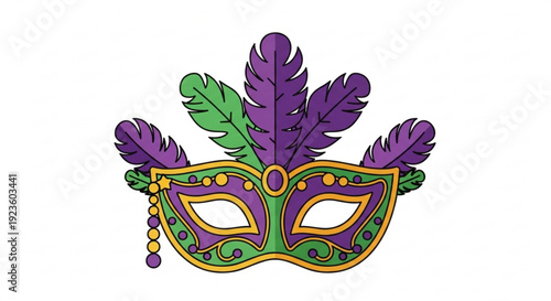 Vibrant mardi gras mask with purple and green feathers golden accents and decorative beads