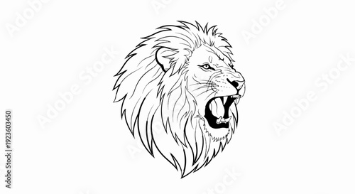 Detailed black and white drawing of a lion's head with an open mouth, roaring