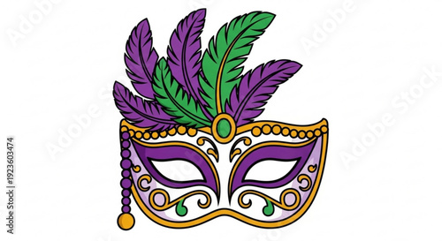 Vibrant purple and gold mardi gras mask with colorful feathers and ornate design on white background for festive celebrations