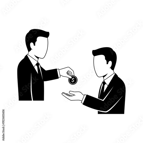 One person passes a coin to another representing a financial transaction concept negotiation