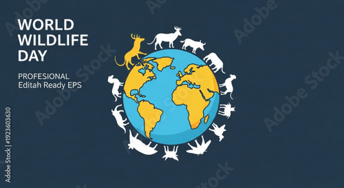World wildlife day illustration with globe and animals