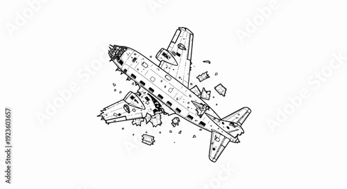 Detailed black and white illustration of a wrecked airplane in mid-air