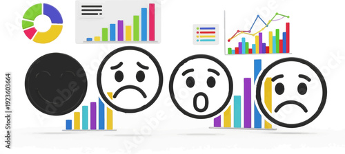 Diverse data visualization charts and emotive faces conveying varied sentiments