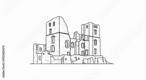 Detailed black and white illustration of crumbling ancient stone ruins