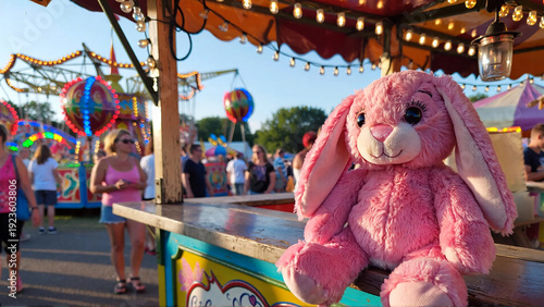 Colorful Carnival Stall with Pink Bunny Plush Prize