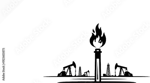 Black silhouettes of oil rigs and a flaming flare stack against a white background