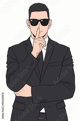 A security guard in a black suit holds a finger to his lips to signal quiet. He wears sunglasses and stands with arms crossed.