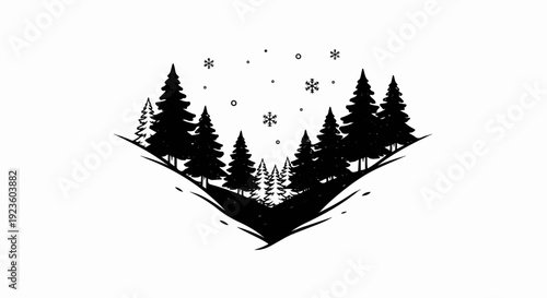 Black silhouettes of pine trees on snowy slopes with falling snowflakes