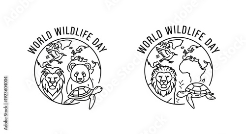 World wildlife day illustrations with animals and globe conservation concept
