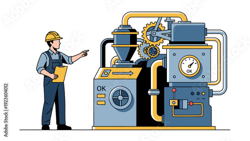 Industrial engineer checking factory machinery and production equipment with a clipboard.